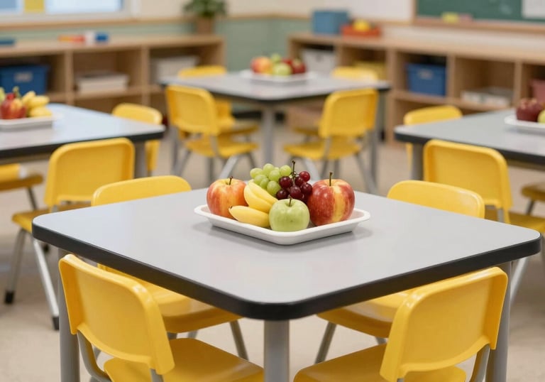 A clean, organized North American / US preschool dining area with small grey tables and yellow chairs, featuring a tray of fresh fruits.