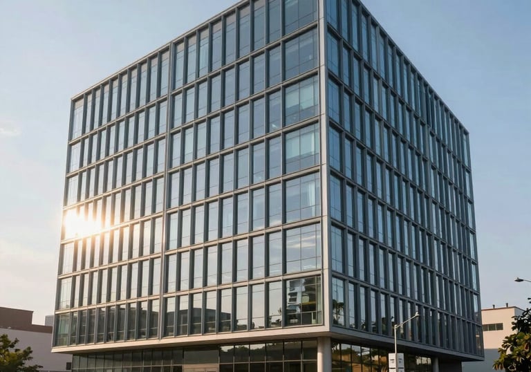 An architectural photograph of a modern, eco-friendly office building with glass and steel, located in a growing Pan-African business hub. The lighting is crisp morning sun.