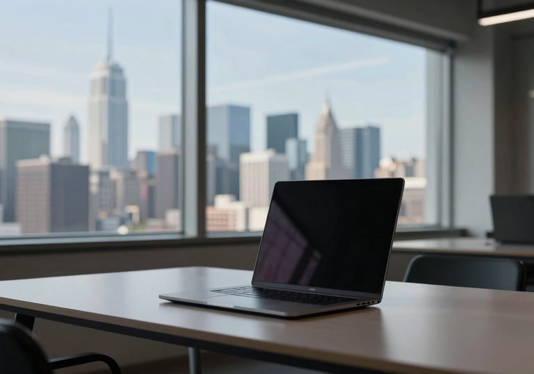 A professional business environment featuring a minimalist desk with a premium laptop and a window overlooking a clear skyline. Sophisticated atmosphere.