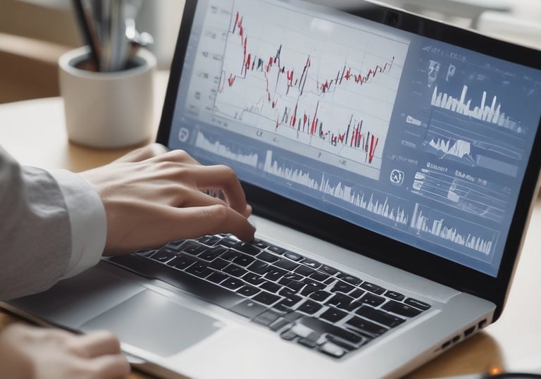A close-up of a laptop screen displaying a dynamic stock market chart.