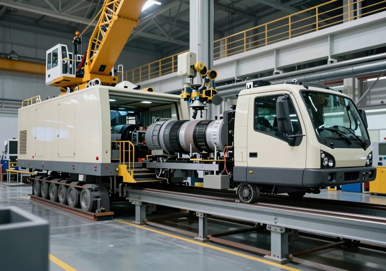 A professional wide-angle shot of a crane assembly area, featuring metallic surfaces, industrial machinery, and a clean professional off-white and muted blue grey environment.