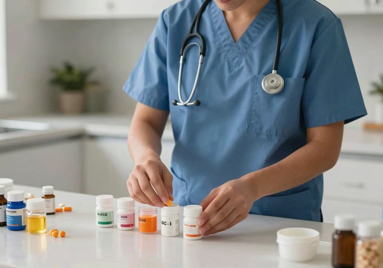 A professional caregiver in a North American / US kitchen setting, organizing medication containers neatly in a bright workspace.