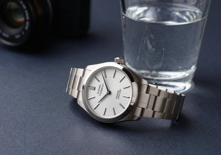 A sharp, high-contrast photograph of a silver luxury wristwatch next to a glass of water on a dark navy desk. This North American / US scene emphasizes professional punctuality and the intelligent, organized nature of our services.