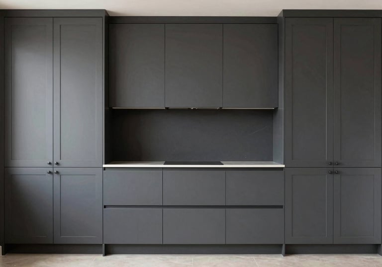A finished set of modern, dark grey kitchen cabinets installed in a luxurious Middle Eastern / Gulf home, showing perfect alignment and craftsmanship.