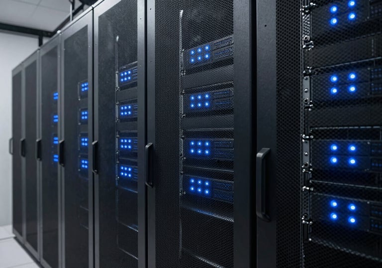 A minimalist and clean photography of a server room with blue LED indicators, representing high-tech communication infrastructure in a modern Brazilian facility. The style is sharp and professional.