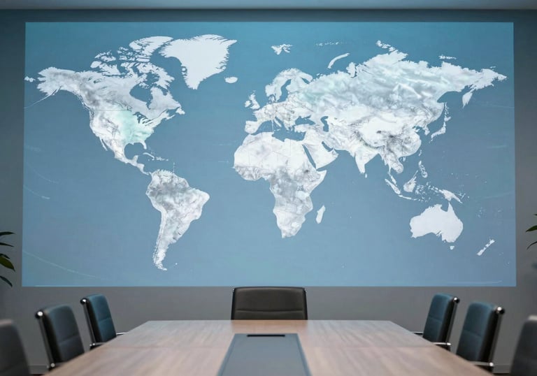 A professional photograph of an office boardroom with a digital world map projected on the wall in soft cerulean and pale silver.
