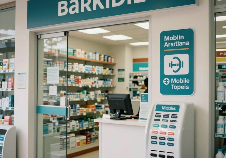 An interior view of a modern South American multiservice point within a pharmacy, showing signs for bank transfers and mobile top-ups. Organized and professional appearance.