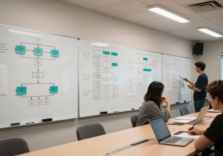 A wide shot of a collaborative North American / US workshop space with whiteboards filled with logic flowcharts and bright teal accents.