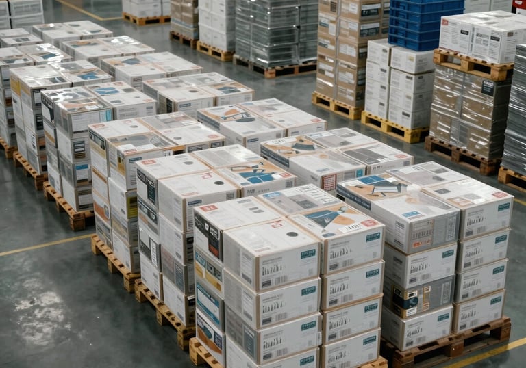 A wide shot of a clean, organized logistics bay in a North American / US electronics factory, with pallets of boxed finished products ready for secure shipping.
