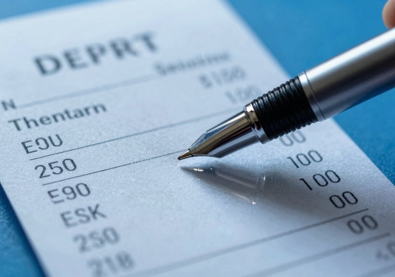 A close-up of a receipt or contract with a professional pen, reflecting transparency and fair pricing, sky blue tones.