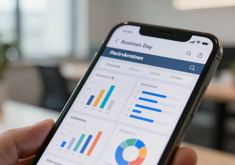 A close-up of a mobile phone screen showing a business analytics dashboard in a well-lit North American office.