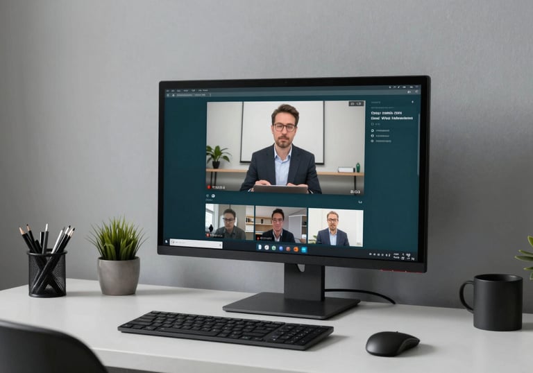 A minimalist home office setup with a high-resolution monitor showing a video lecture, professional atmosphere, teal and gray tones, Global / International.