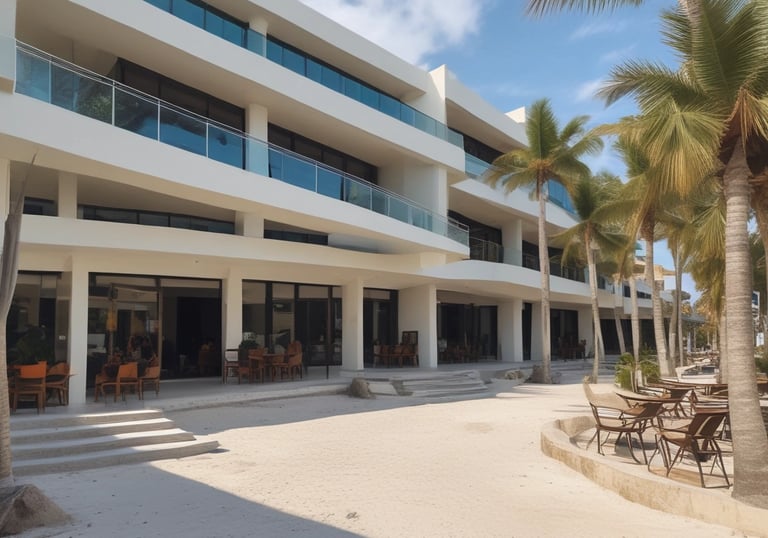 Craftsmen working meticulously in a well-equipped workshop in Cancún, assembling custom furniture.