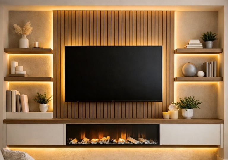 a tv wall mounted on a wall with a tv and a fireplace