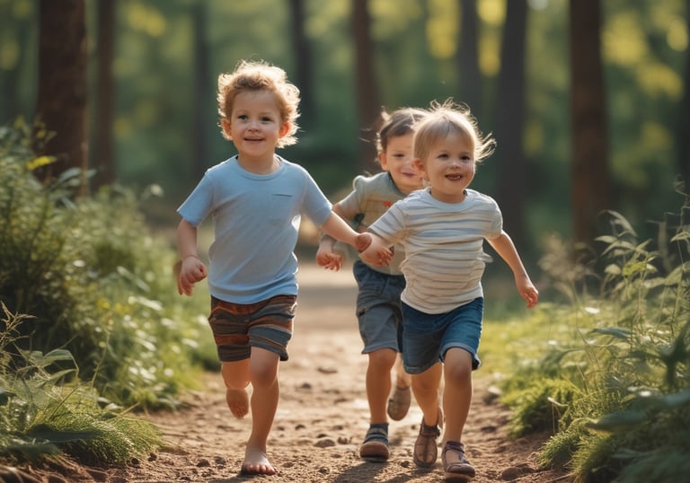 A tribal fire circle surrounded by rustic wooden benches, flickering flames casting dancing shadows on nearby forest foliage.