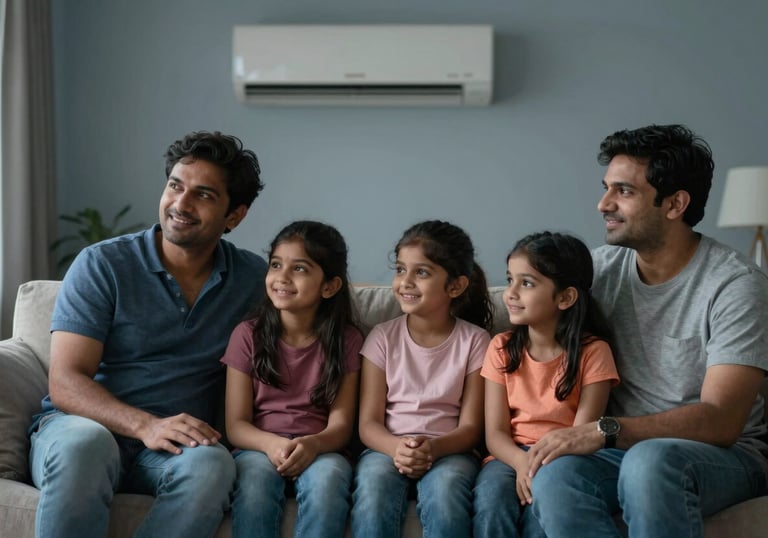 A South Asian family sitting comfortably on a sofa in a cool, air-conditioned living room, looking happy and relaxed, professional soft focus photography.