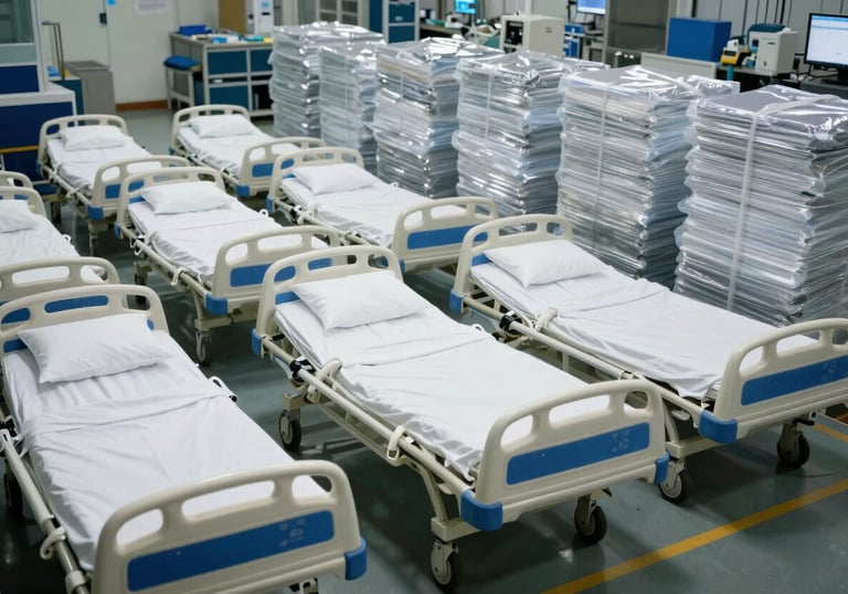 The logistics and dispatch bay of a medical manufacturer in South Asia / India, showing neatly packed hospital beds ready for shipping.