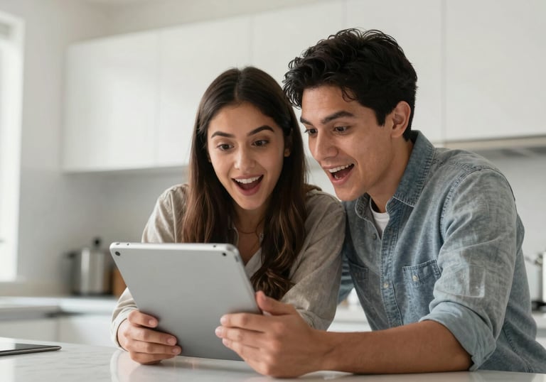 Young Mexican couple, Latin American, in a bright modern kitchen, looking at a digital tablet together with hope and excitement, soft morning light.