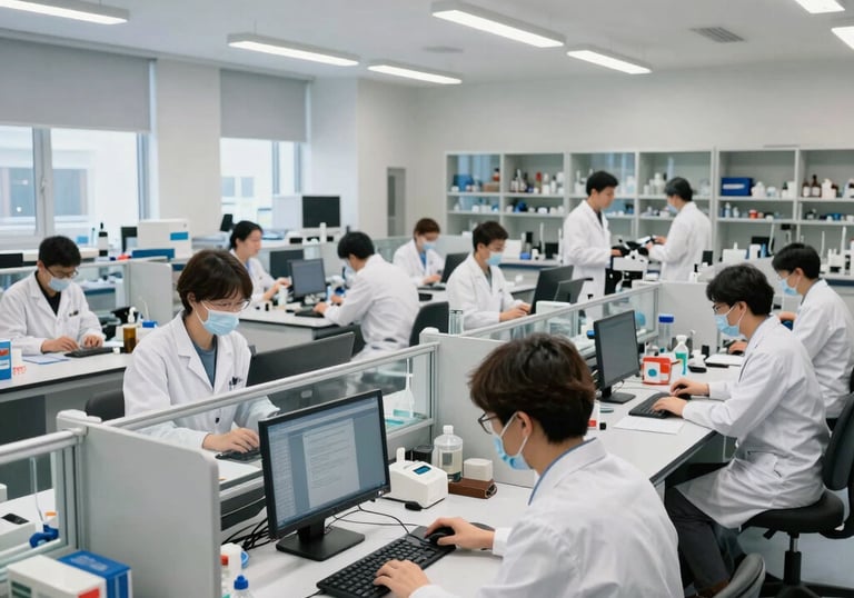 An wide-angle photograph of a collaborative research laboratory in the US, scientists working at bright, modern workstations with glass partitions.