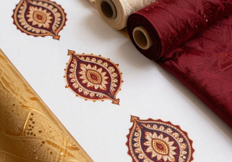 A flat-lay composition showing digital batik design sketches next to rolls of premium cotton fabric in gold, parchment, and deep crimson.