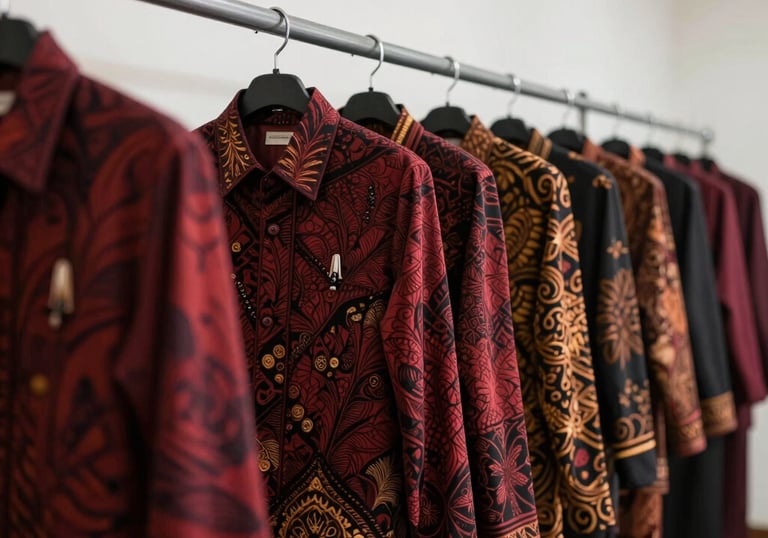 A row of neatly hung batik uniforms for a professional institution, featuring deep crimson and black patterns, arranged in a bright, modern studio.
