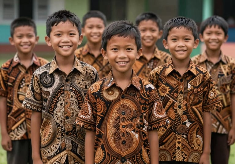Group of Indonesian primary school children smiling, wearing high-quality batik school uniforms with intricate patterns, standing in a school yard.