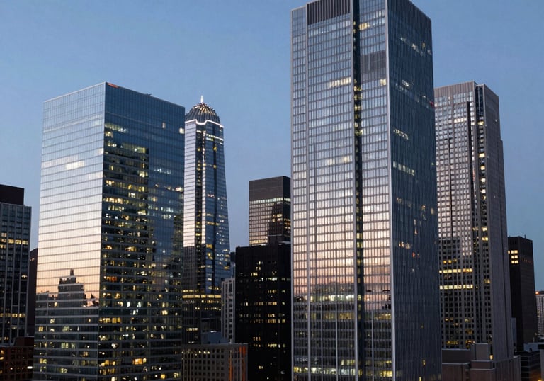 A wide shot of a modern city skyline at dusk with lights reflecting in glass buildings, North American urban setting, cool blue and gray tones.