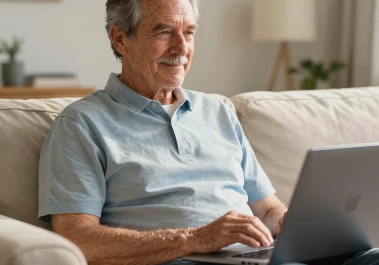 A photography shot of an older North American man comfortably using a laptop in his sunny living room. He looks confident and relaxed. The lighting is warm and natural, with a color palette of off-white and soft blues.