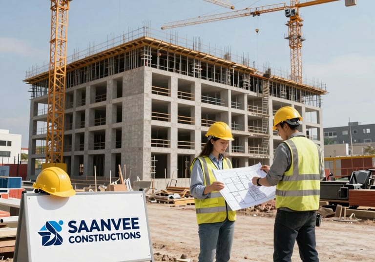 A panoramic view of a modern commercial construction site with workers in action under clear skies.