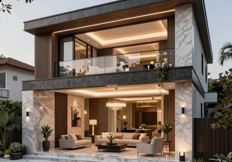 A luxury living room featuring stylish furniture and warm lighting that highlights elegant design.