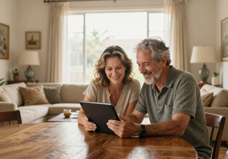 Wide environmental shot of a warm, sunlit Brazilian living room. An active couple in their early 60s sits together at a clean wooden table, smiling while looking at a tablet. Soft morning window light, cozy domestic atmosphere.