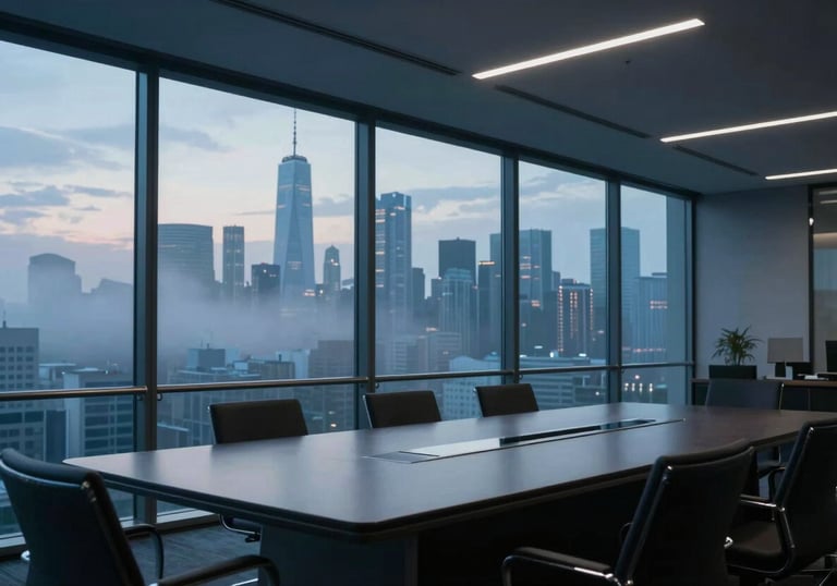 A cinematic shot of a modern, glass-walled International / Global conference room with a view of a city skyline at dusk. Pale mist and dark slate blue tones dominate.