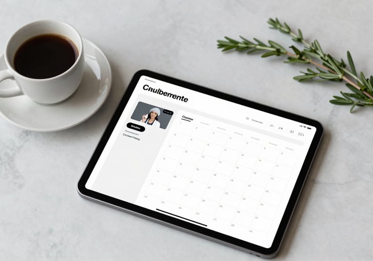 A flat-lay shot of a marble tabletop featuring a tablet, a ceramic cup of dark coffee, and some fresh herbs. The tablet shows a professional social media content calendar. Sophisticated and clean.