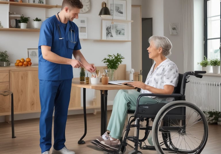 A group of friendly caregivers chatting with elderly residents in a nursing home garden.