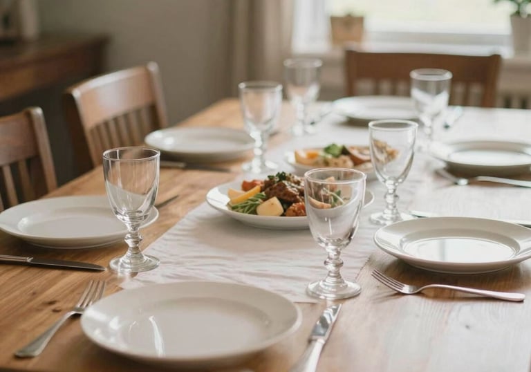 A close-up of a neatly set dining table in a bright North American / US communal dining room, representing shared meals and community warmth.