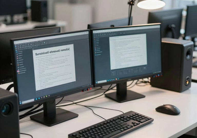 A clean and organized technician workstation with dual monitors, professional lighting, and computer tools, reflecting a modern European / Portuguese tech office.