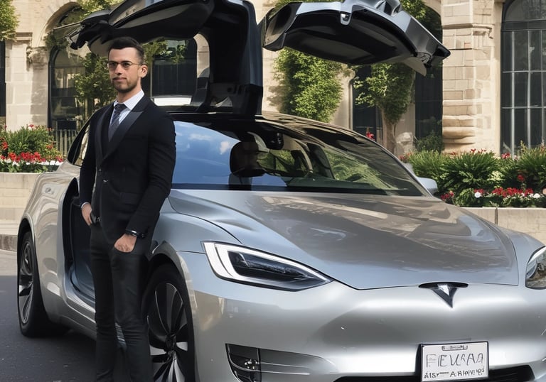 A professional VTC driver handing keys to a satisfied passenger in a sleek car.