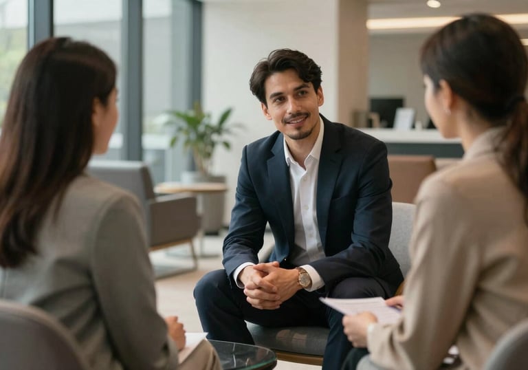 A one-on-one coaching session in a modern International / Global executive lounge, showing a professional listener and a client in a trustworthy and empathetic atmosphere.