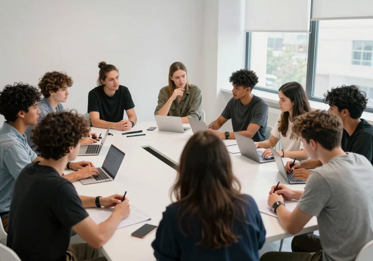 A professional training workshop in a bright, modern International / Global studio. A diverse group of learners is engaged in a creative brainstorming session around a white table.