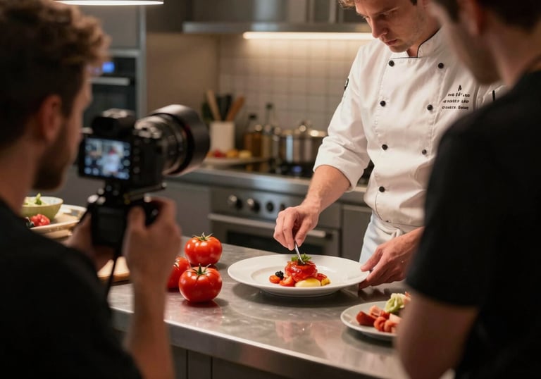 A behind-the-scenes shot of a filmmaker capturing a chef plating a dish in a modern North American kitchen. Warm, atmospheric lighting with a focus on Deep Ripe Crimson tomato ingredients.