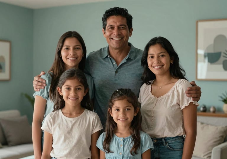 A portrait of a smiling South American / Colombian family in their modern home, symbolizing unity and progress. Warm indoor lighting, Muted Teal and Pale Mist decor.