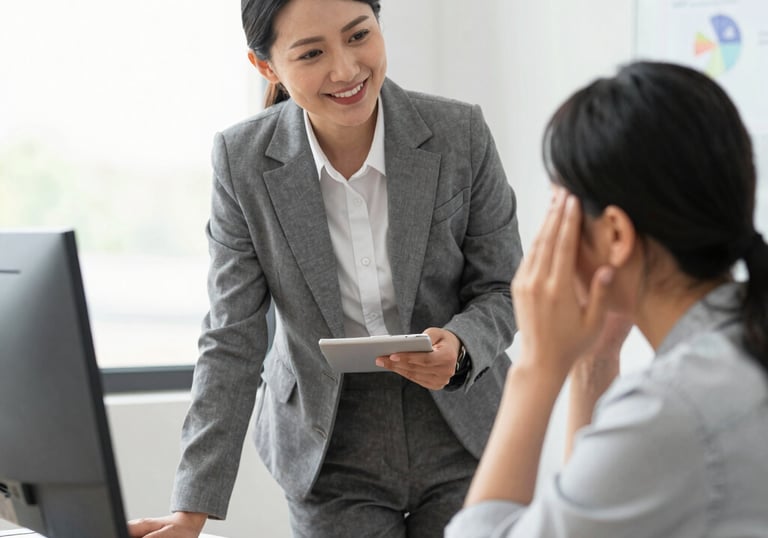 A compassionate business consultant speaking with a relieved client in a bright, welcoming office.