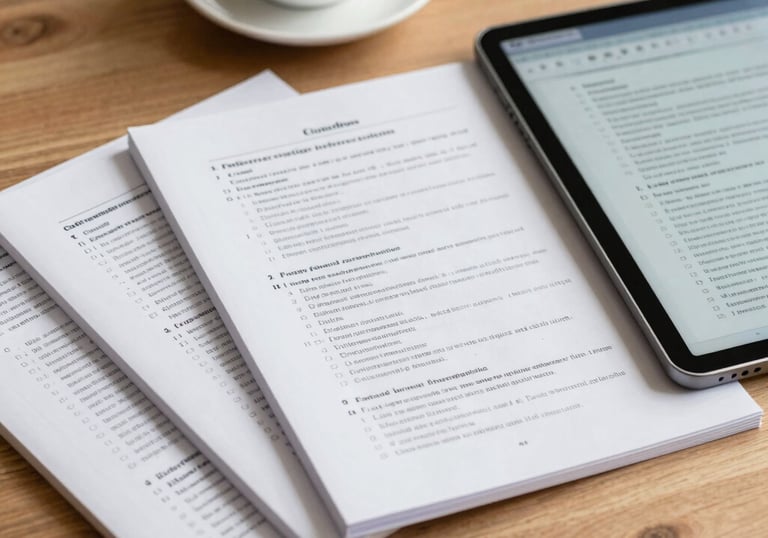 Close-up of high-quality printed study guides and a digital tablet showing a mock exam interface on a clean wooden desk, with a cup of Colombian coffee in the background.