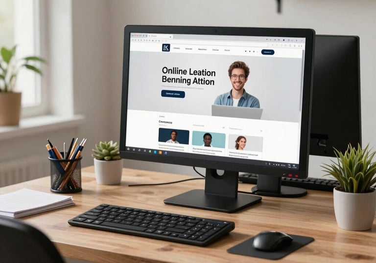 A professional desk setup in a Colombian home office with a computer screen displaying an online learning platform, bright and organized workspace.