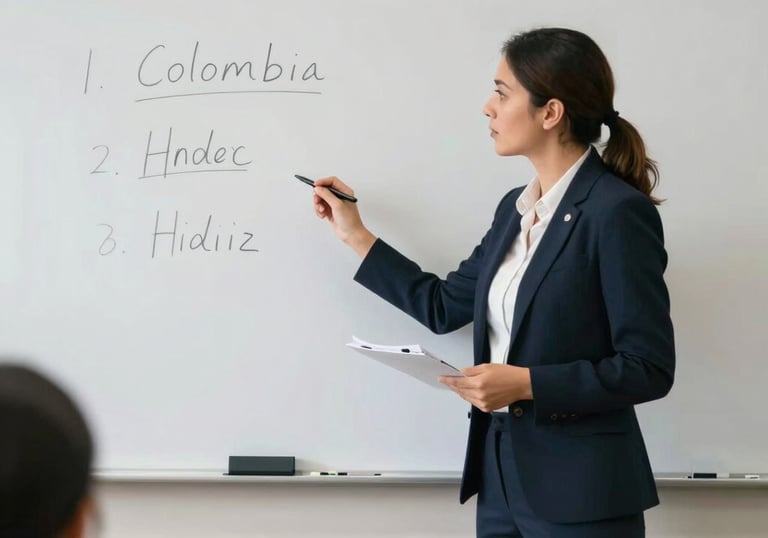 A teacher in professional attire standing in a modern classroom setting in Colombia, explaining concepts on a white board, captured in a crisp, clean style.