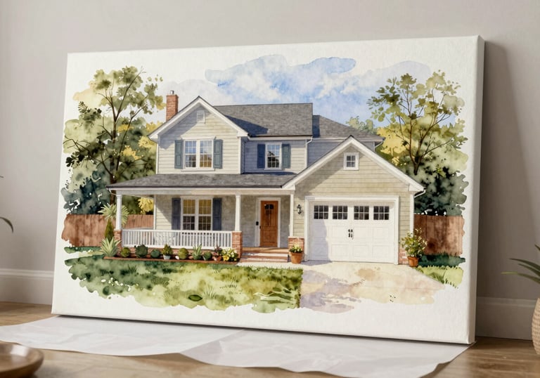 A high-quality canvas print of a watercolor house being unwrapped from protective paper in a North American / US living room. The style is elegant and boutique-focused.