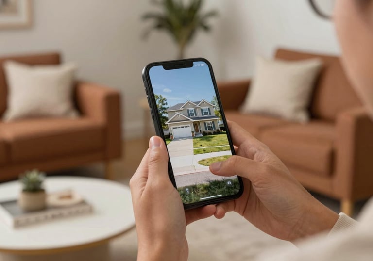 A person in a North American / US home holding a smartphone, looking at a photo of a suburban house. The room is decorated with warm clay brown and cream white accessories.