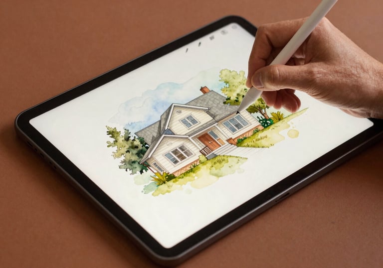 An overhead shot of a North American / US artist using a digital stylus on a tablet to carefully add watercolor textures to a house illustration. The scene is clean and minimal, featuring warm clay brown and cream tones.