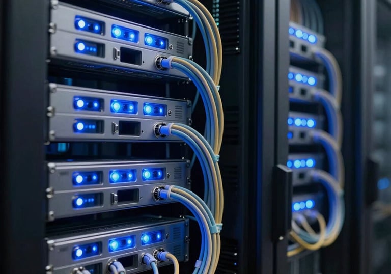 A secure server room with blinking blue lights and neatly organized cables, reflecting a high-tech and reliable atmosphere in a Middle Eastern / Turkish facility.
