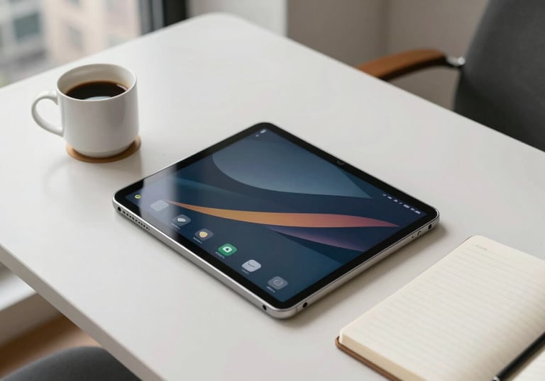 An overhead shot of an organized desk featuring a high-end Android tablet, a coffee cup, and a notebook, illuminated by clean natural light in a US city apartment.